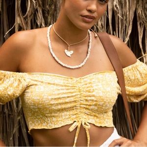 Roxy Flirty Walk Puff Sleeve Ruched Crop Top Yellow Size XL